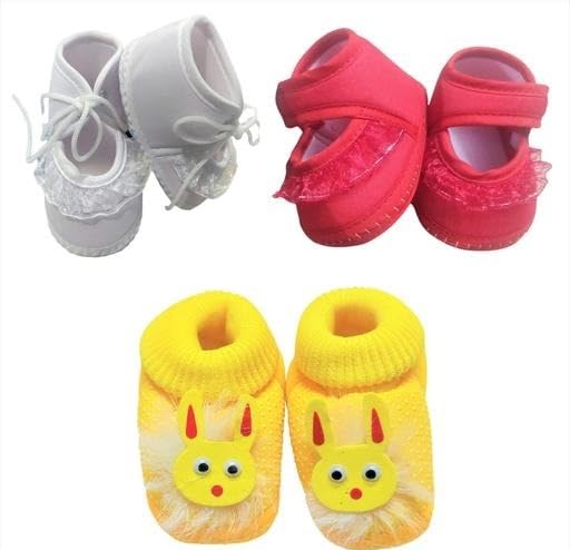 Suman Trader Baby First Walker Sandals Pack of 3| Lightweight Cotton Shoes with Flexible EVA Bottom for Infants White-Red-Yellow 3-6 Months-image-0