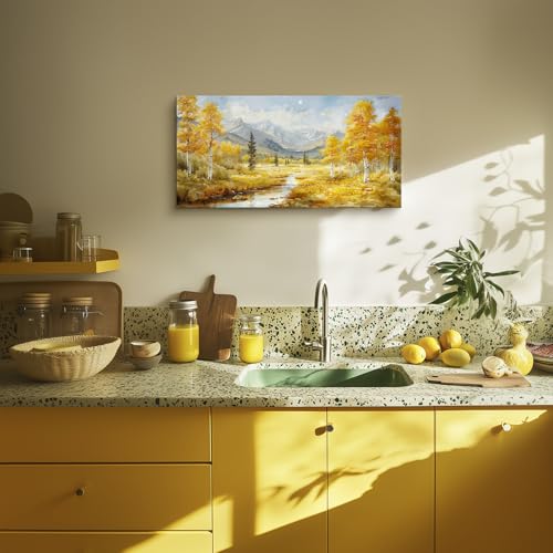 crmotu Autumn Landscape Wall Art, Birch Tree Forest Large Artwork, Mountain River Scenic Canvas Painting, Rustic Aesthetic Pictures Wall Decor Living Room Bedroom Bathroom Kitchen Art Prints 20x40inch