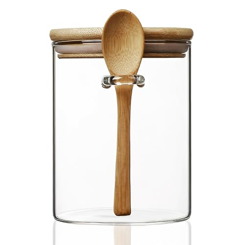 MOLADRI 15 oz/450 ml Glass Storage Canister with with Airtight Lid Cute Clear Decorative Container Jar with Wooden Spoon for Coffee Spice Candy Salt Cookie Condiment Sugar Matcha Tea Overnight Oats