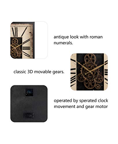 Glitzhome 23.75" H Vintage Wall Clock, Vintage Rectangle Gear Clock With Tempered Glass Roman Numeral Clock For Livingroom Or Office Decoration #TOP2