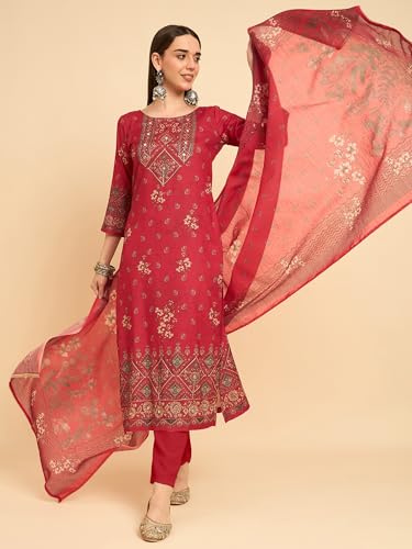 Image of SheWill Kurta Sets for Women - Red Rayon Aari Hand Work with Digital Floral Print Kurta with Pant and Chanderi Dupatta |Stylish Printed Summer Kurti Set