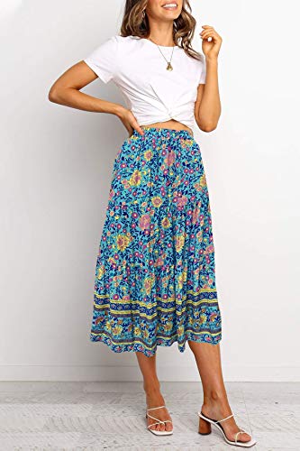 MEROKEETY Women's Boho Leopard Print Skirt Pleated A-Line Swing Midi Skirts