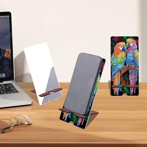 Image of Parrot Diamond Painting Phone Stand with Mirror, DIY Wooden Diamond Art Desktop Phone Holder, 2-in-1 Crystal Rhinestone Diamond Painting Craft and Tabletop Mirror