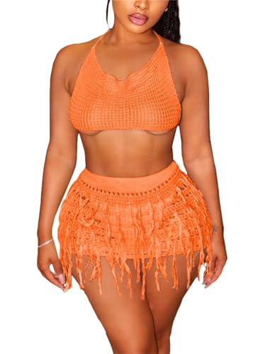 Crochet Skirt Sets Women 2 Piece Outfits Sexy Knit Tank Tops and Fringe Skirts Summer Beach Vacation Knitted Dress