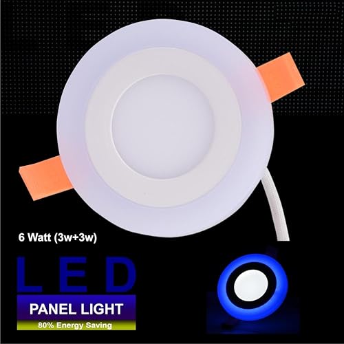 Image of OLIPS 6W (3+3) LED Ceiling Panel Down Light | Dual Color Change by On /Off Switch | Fan Box POP Decorative LED | White Center & Color Ring Design (Blue, 3)