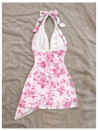 Image of SOLY HUX Women's Y2K Summer Beach Halter Mini Dress | Retro Floral Dress, V Neck, Backless, Club Nightout, Sexy Going Out Clothes, Birthday Dress