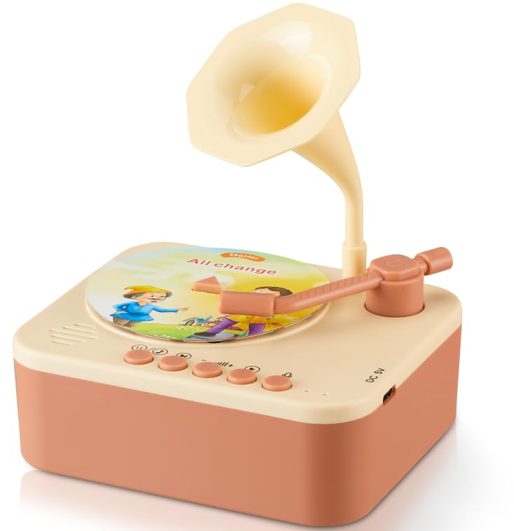 Kids Phonograph with 99 Cards Card Phonograph for Kids Toddler Record Player Childrens Storyteller Sleeping Music Box Gift for Boys and Girls (Brown)