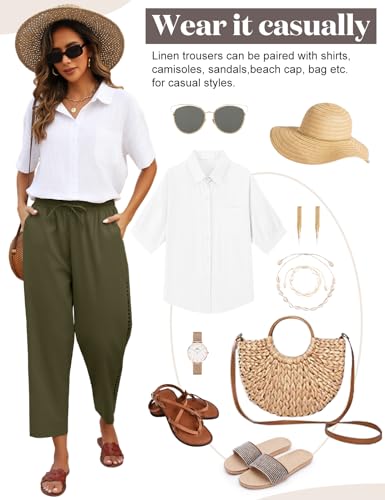 CMTOP Leinenhose Damen Weite Freizeithose mit Kordelzug und Taschen 7/8 Elastische Gerades Bein Sommerhose Bequeme Strandhose aus Baumwolle(Militärgrün,XL)