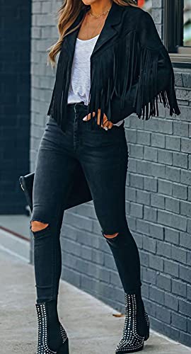 Chartou Women's Chic Cropped Tassel Fringe Faux Suede Moto Jacket (Medium,Black) #TOP4