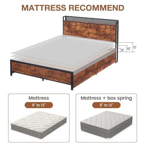 Image of Garvee Queen Bed Frame with Storage Wood Headboard, Metal Platform Bed with 4 Storage Drawers & Shelf, Built in Charging Station & LED Lights, No Box Spring Needed, Vintage Brown