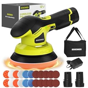 DEWINNER Polijstmachine voor auto, batterij 2 x 2 A, 6 variabele snelheden, elektrische excentrische schuurmachine, geschikt voor boten, auto en was