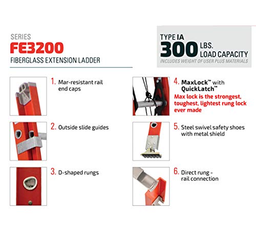 Louisville Ladder Fe3224 Fiberglass Extension Ladder 300-Pound Capacity, 24-Feet,Orange #TOP2