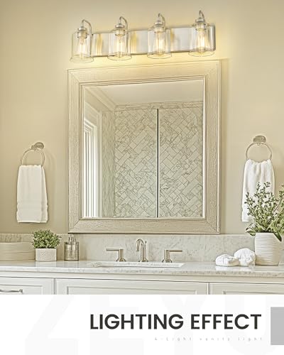 Image of zeyu 28.5 Inch Bathroom Wall Light Over Mirror, 4-Light Vanity Lighting Fixture, Brushed Nickel Finish with Clear Glass Shade, ZSL72B-4W BN
