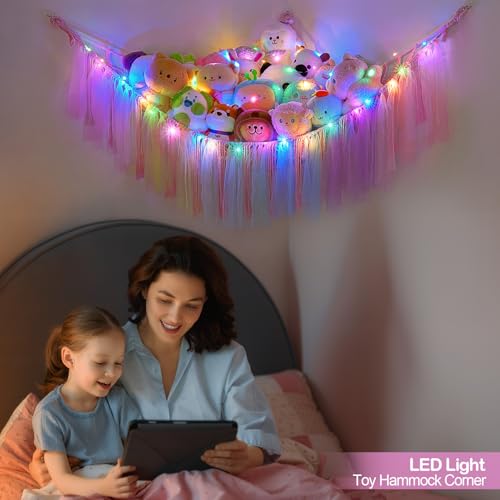 Image of FIOBEE Stuffed Animals Net LED Light Toy Hammock for Kids Bedroom Storage | Stuffed Animals Storage Organizer, Girls Room Decor, Teddy Bear Holder, Space Saving, for Kids Nursery Bedroom Playroom