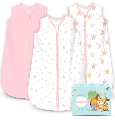 Image of Cute Castle Baby Sleep Sack 6-12 Months - Lightweight 100% Cotton 2-Way Zipper TOG 0.5 Infant Wearable Blanket, Newborn Essentials Toddler Sleep Clothes, 3 Pack(Pink, Moon, Stars)