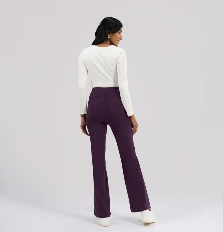 Image of Blissclub AM:PM Cotton Flare Pants for Women Above 5'5 ft Tall | Wide Waistband, 4 Pockets | Bell Bottom Pants and high Waist Trousers for Office wear