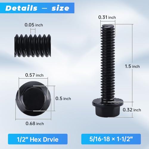 Image of Glvaner 5 /16-18 x 1-1 /2 inch (10 pcs) Stainless Steel Serrated Flanged Hex Head Bolts Bolts, 18-8 (304) Stainless Steel, Full Thread, Black Coated