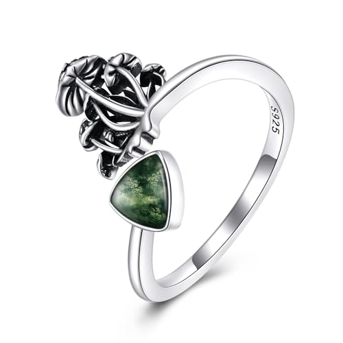 YFN Moss Agate Mushroom Ring 925 Sterling Silver Mushroom Open Ring Adjustable Ring Mushroom Jewelry Gift for Women Girls (7)