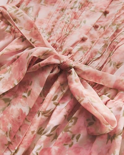 Image of Plus Size Pink Floral Dress for Curvy Women V Neck Short Sleeves High Waisted Boho Midi Dress with Pockets