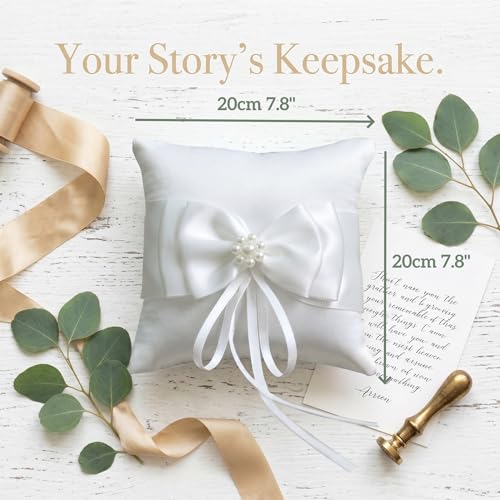Image of Wedding Ring Bearer Pillow with Satin Bow, Pearl Detail White Ivory | Ivory satin fabric, pearl detail, classic bow, soft cushion, for wedding ceremony ring bearer