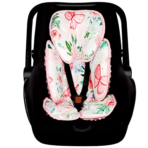 Image of CARUILI 2 in 1 Infant Car Seat Insert, Adjustable Car Seat Head Support Baby Girls Boys, Soft Newborn Carseat Insert Cushion, Perfect for Carseats, Strollers, Swings (Pink Flower)