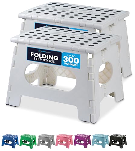 Image of Handy Laundry Folding Lightweight Step Stool - Sturdy Enough to Support Adults and Safe Enough for Kids - Opens Easy with One Flip - Great for Kitchen, Bathroom or Bedroom (White | 2-Pack)