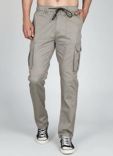 Image of Vogaan Men's Cotton Cargo Pants | Casual Trousers for Men | Comfortable Lower for Men | Breathable Pants with 6 Pockets & Drawstring Elastic Waistband
