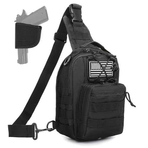ABCAMO Tactical Sling Bag for Men, Small Crossbody Chest Bag with Holster and US Flag Patch, EDC Shoulder Bag, Black