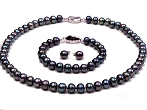 JYX Pearl Necklace Set 10-11mm Black Flate Round Freshwater Pearl Necklace and Bracelet Set (Necklace Bracelet and Earrings)