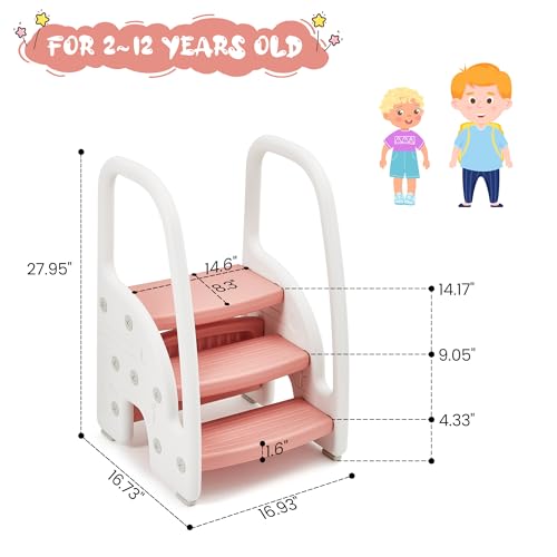 Toddler 3 Step Stool Kids Standing Tower for Bathroom Sink Kitchen Counter, Plastic Stepping Standing Stool Helper with Handles Sides for Toilet Potty Training, Lightweight Non-Slip