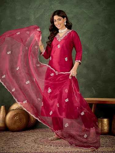 Image of VredeVogel Women's Ethnic Wear Embroidered Silk Blend Kurta Pant Set with Organza Dupatta | Festive & Casual Summer Kurti with Pants for Party Office & Ethnic Occasions