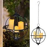 Battery Operated Outdoor Candle Chandelier - Black Metal Globe Hanging Pendant Light with 3 Flameless Candles, 12.6