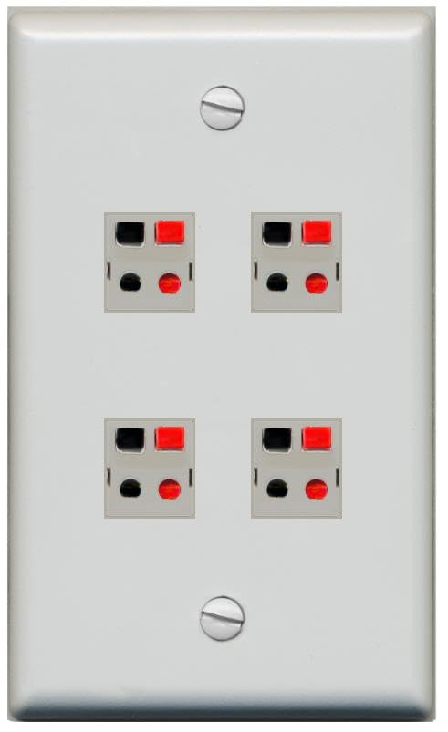 RiteAV 4 Port Speaker Wire Plug Jack Wall Plate - Flat Style [White]