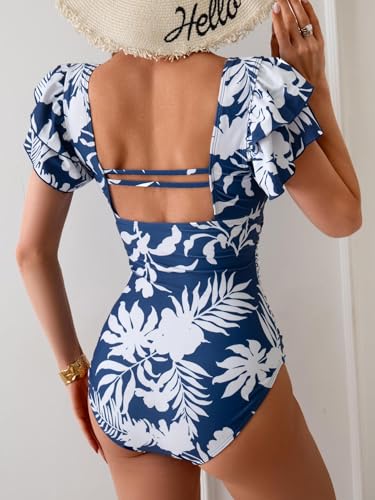 Image of Eomenie Women's Tummy Control One Piece Swimsuit Ruffle Square Neck Bathing Suit Ruched Cutout Back Slimming Swimwear