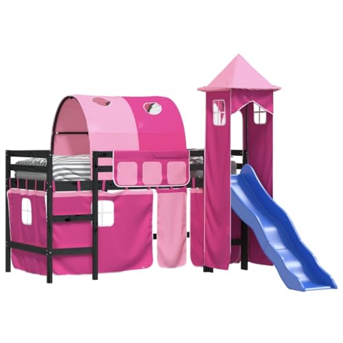 Goldicoo Lit mezzanine pour enfant avec rideaux, tunnel, toboggan et tour – Rose bleu noir – 80...