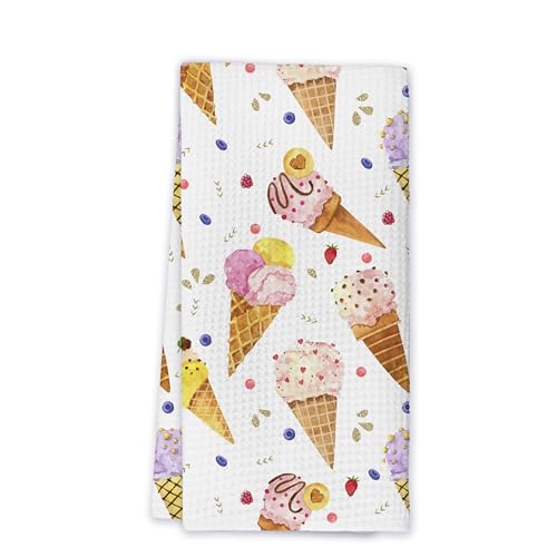 NQDWX Cute Ice Cream Cone & Fruit Kitchen Towels - 16x24 Inch Seasonal Summer Decor for Farmhouse Kitchens, Fun Sweet-Themed Gift for Ice Cream Lovers. (060)