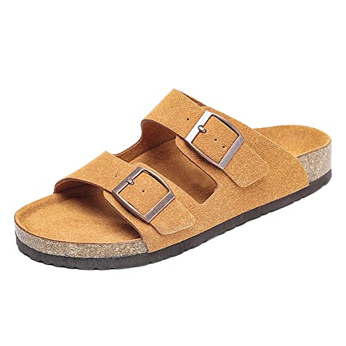 YONGJIA Mens Sandals Arch Support Slides with Adjustable Buckle Straps Cork Footbed Slippers
