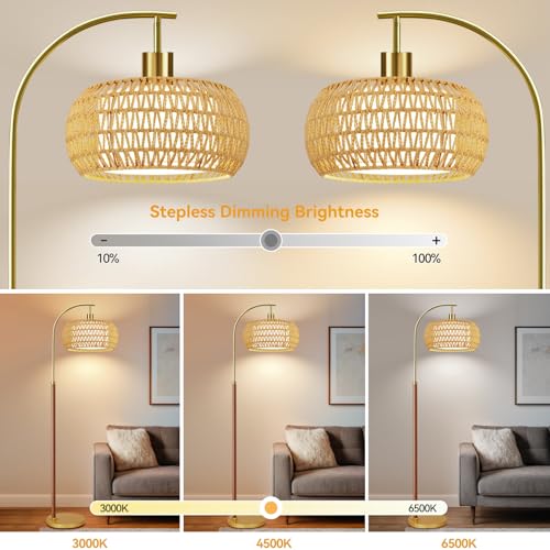 Image of Wood Arc Floor Lamps for Living Room,Boho Rattan Floor Lamp with Remote Control & 3 Color Temperatures,Dimmable Mid Century Modern Standing Lamp Farmhouse Vintage Tall Floor Lamp For Bedroom Corner