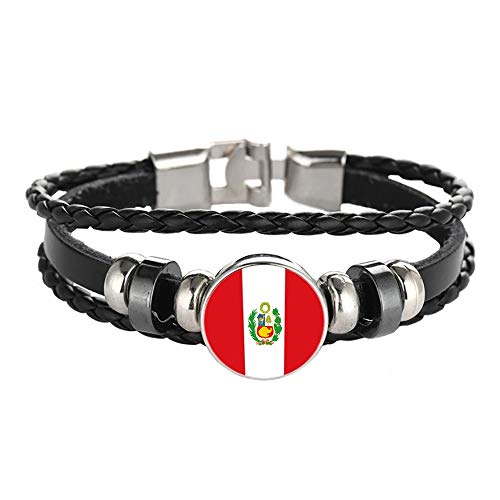 Peru Flag Braided Bracelet Leather Chain Crystal Wristband Souvenir,Fashion Handmade Bracelet for Man & Woman Special Day's Gift
