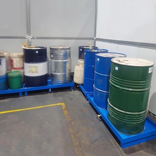 Movable Industrial Spill Containment Pallet with Wheels Metal Spill Platform Drain Outlet Forklift Accessible Durable Spill Tray for Easy Transport and Cleanup，Blue c 25.6x25.6x5.9in