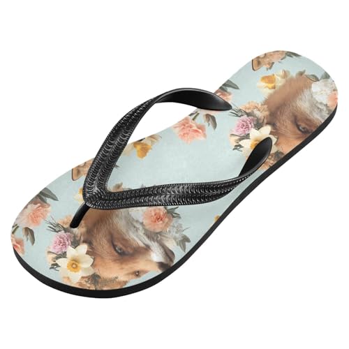 ALAZA Fox Flower Pattern Flip Flops for Women Fashion Beach Slippers Comfort Mens Flip Flops Non-Slip Rubber Shower Slippers Sandal for Hotel Travel Sport,XS2