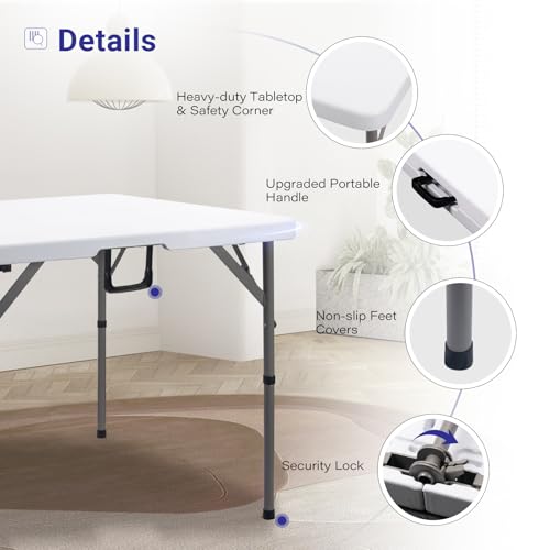 Image of Byliable 34 inch Square Folding Card Table, Fold-in-Half Utility Dining Portable Table Heavy Duty HDPE White Plastic Foldable with Carrying Handle Indoor Outdoor for Picnic, Camping, Party