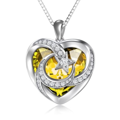 TOUPOP Citrine November Birthstone Sterling Silver Moon and Star Pendant Necklace Heart Crystal Jewelry Birthday Mothers Day Christmas Gifts Her Girlfriend Wife Mom Daughter