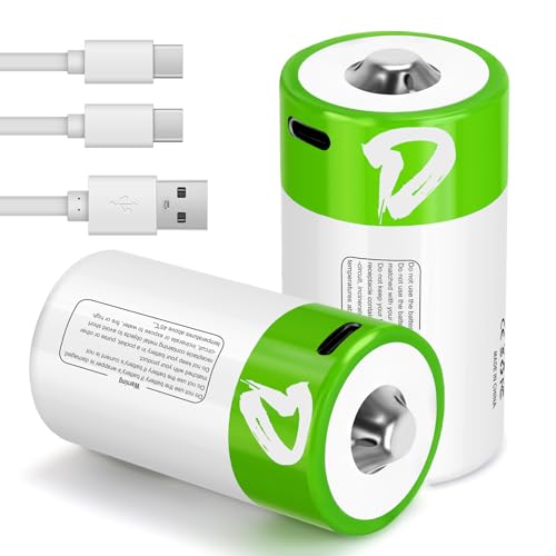 volkate Rechargeable D Batteries 2 Pack, Lithium D Cell Batteries with USB-C Charging Cable, 1.5V LR20 Battery D Size 7500mWh for Flashlights, Lanterns, Remote Controls, Radios, Fans, Toys, Clocks