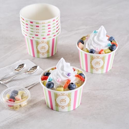 Image of Coppetta 8 Ounce Dessert Cups, 50 Greaseproof Ice Cream Cups - Lids Sold Separately, For Hot And Cold Foods, Green And Pink Stripe Paper Yogurt Bowls, Disposable, Sturdy - Restaurantware