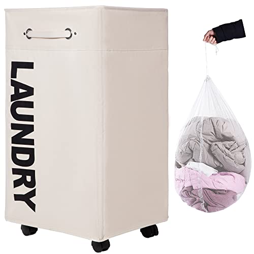 TWIRA 27" XX-Large laundry basket with Removable Wash Bag on Wheels (4 Colors), Collapsible Slim Laundry Hamper,Foldable Corner Storage Bins (White,XXL)
