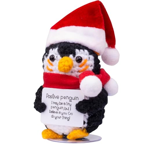 CoFuBcad Positiver Pinguin mit Weihnachtsmütze, niedlicher Weihnachts-Pinguin mit positiver Karte, Wollpuppe, Emotionen, Pinguin, Weihnachtsfeier, Dekoration, Ermutigungsgeschenke