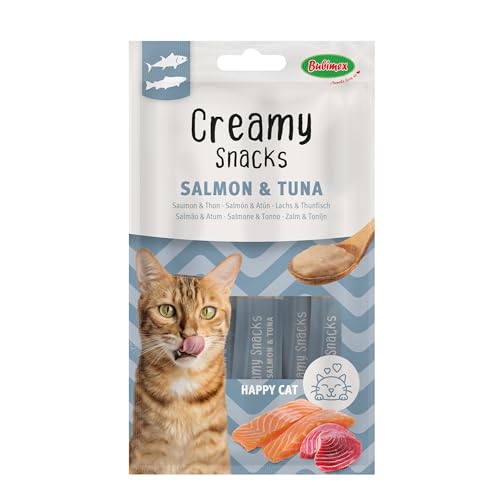 Bubimex Creamy Snacks Atún y Salmón - Dulces Cremas para Lamiendo para Gatos - Textura Lisa, cremosa y apetitosa - Estimula el apetito y favorece la hidratación - 4 x 15 g