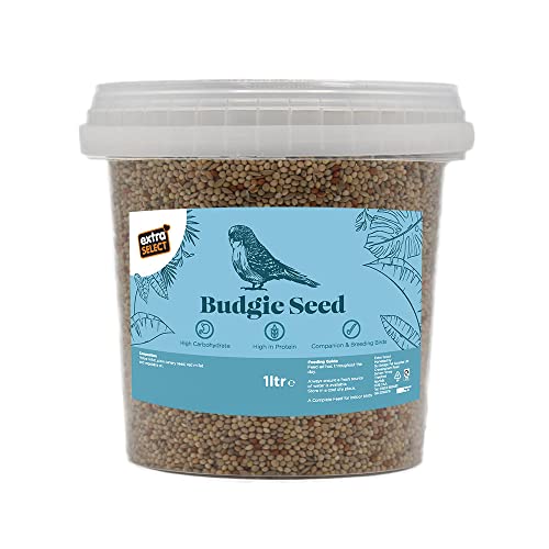 Extra Select Budgie Seed Mix - Indoor Bird Food for Small Birds Only in Handy Bird Seed Storage Tub - 1 Litre