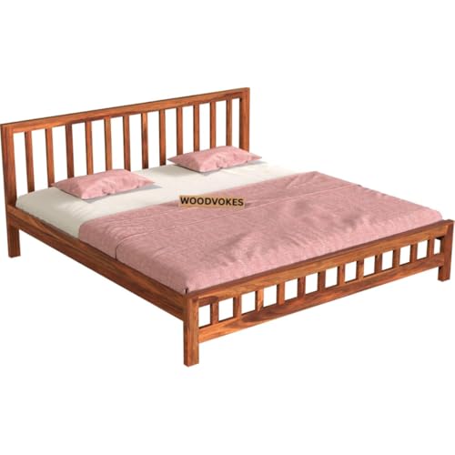 Image of Sheesham Wood Bed Without Storage Solid Wooden Cot Double Bed for Bedroom Living Room Home (Natural, Queen (U.K. Standard))